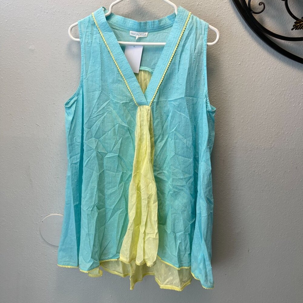 Modaposa Sleeveless Blue & Yellow Cotton Tunic Top summer top v‎ neck